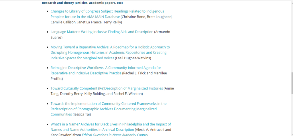 Screenshot of a text-based webpage listing "Research and theory" resources