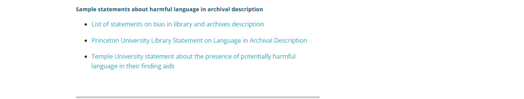 Screenshot of a text-based webpage listing "Sample statements about harmful language in archival description"