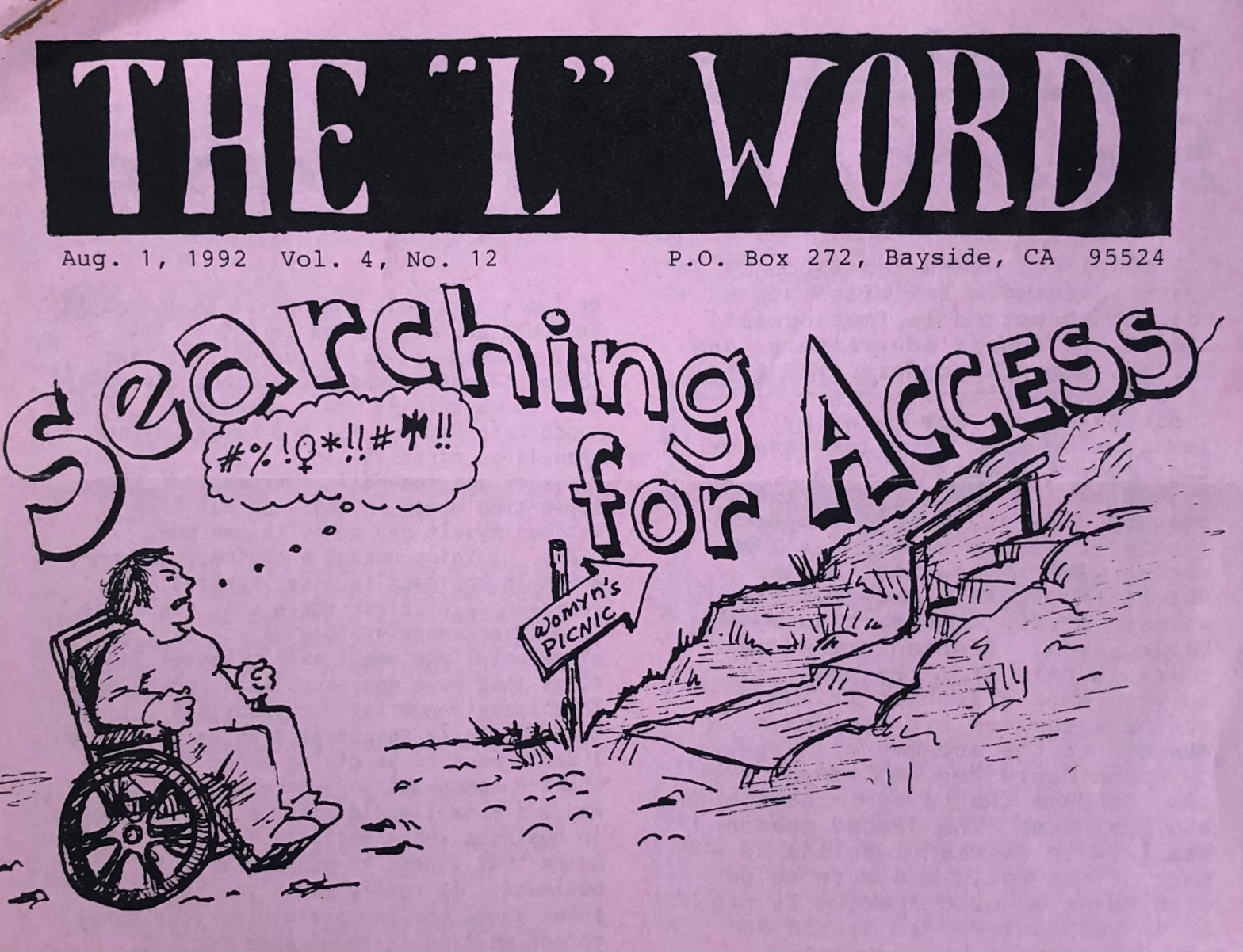 Purple page with "The 'L' Word" written across the top, followed by "August 1 1992, Volume 4, Number 12. P.O. Box 272, Bayside, California, 95524." The page has an illustration/sketch of a woman in a wheelchair at the bottom of a hill, with stairs and a sign pointing to the "Womyn's Picnic." The sketch is labeled "Searching for Access."